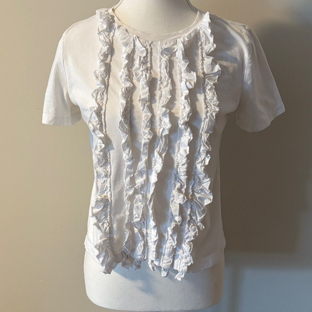 Zara White Ruffled Women's TShirt. Size Small